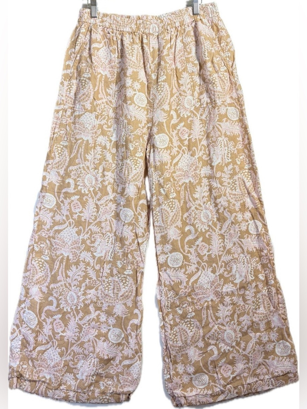 Roller Rabbit Tan Pink Block Print Wide Leg Cotton Pants Boho L